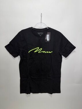 Boohoo Mens Black Tee with Neon Yellow Script